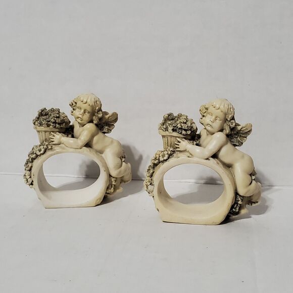 Vintage Angel Cherub Napkin Rings Set 80s 90s Angels Towel Ring Floral Cupid - Picture 1 of 9